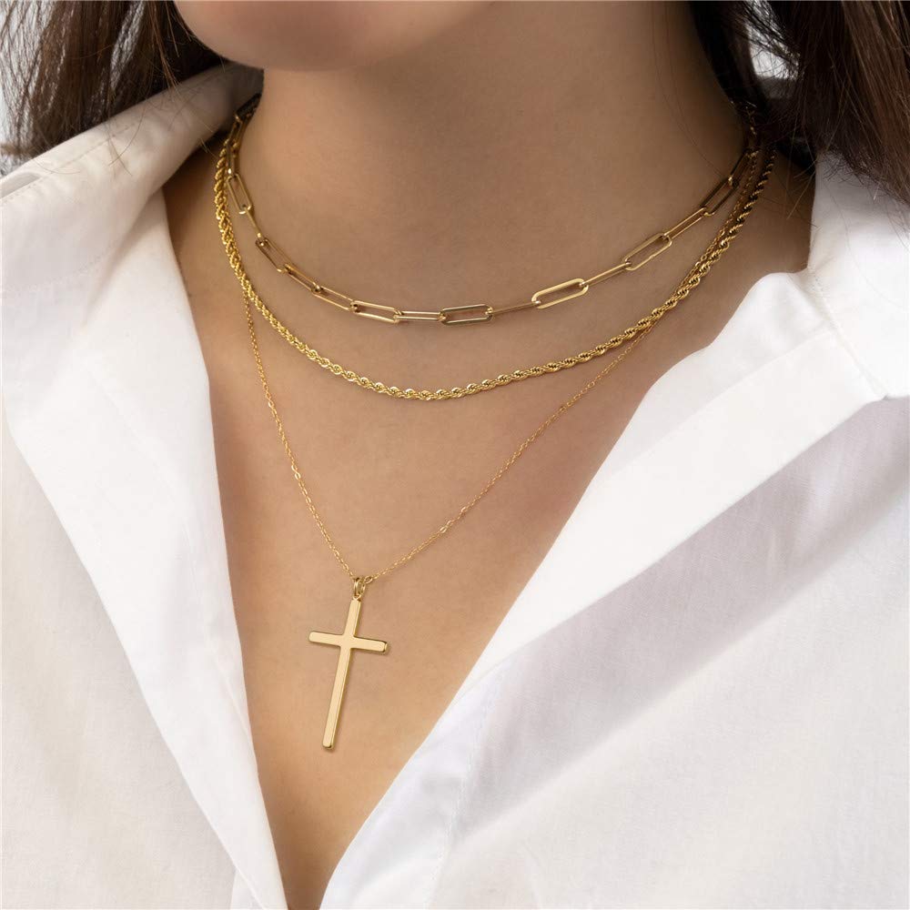 3PCS Link Chain&Beads Chain&Cross Dainty Layered Choker Necklace