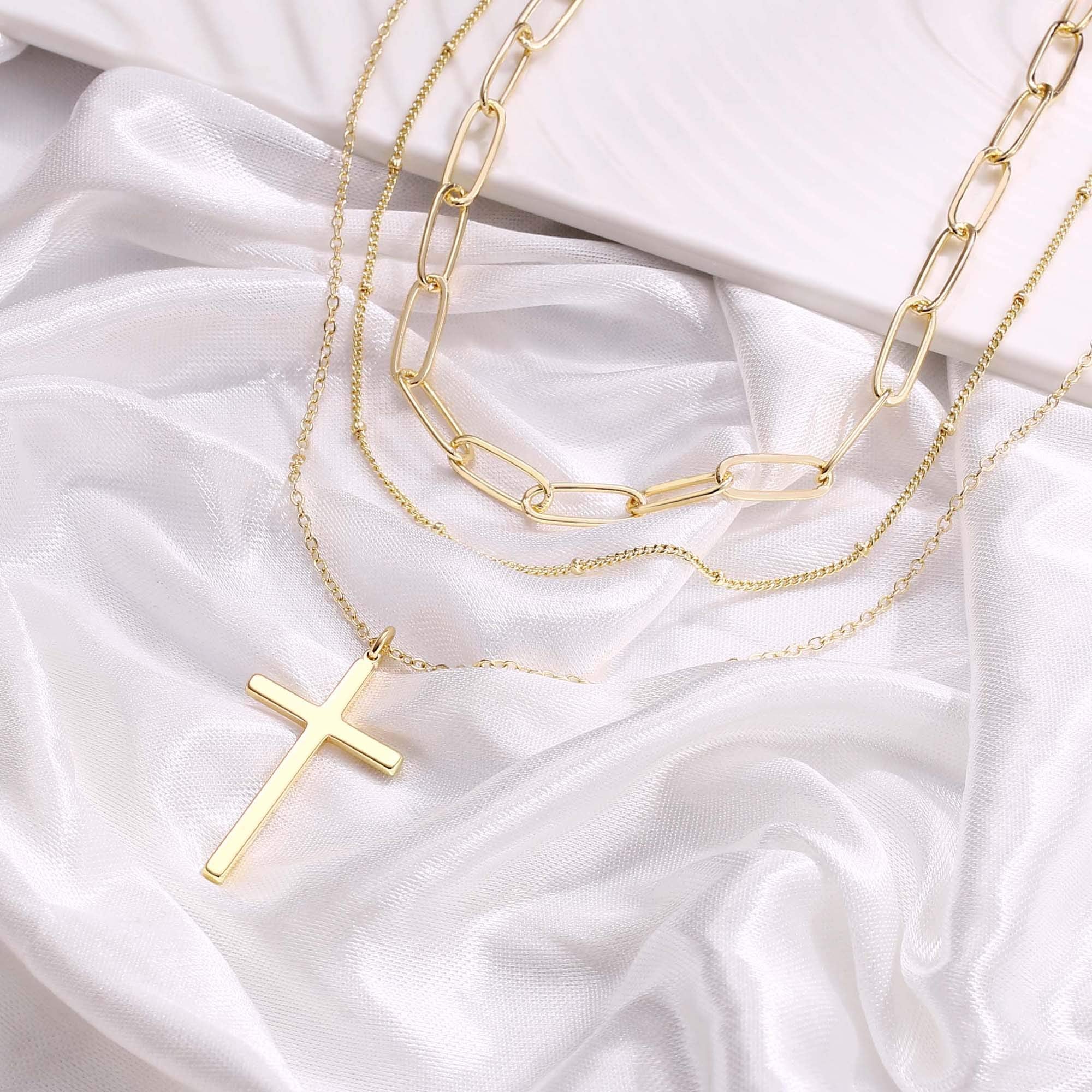 3PCS Link Chain&Beads Chain&Cross Dainty Layered Choker Necklace