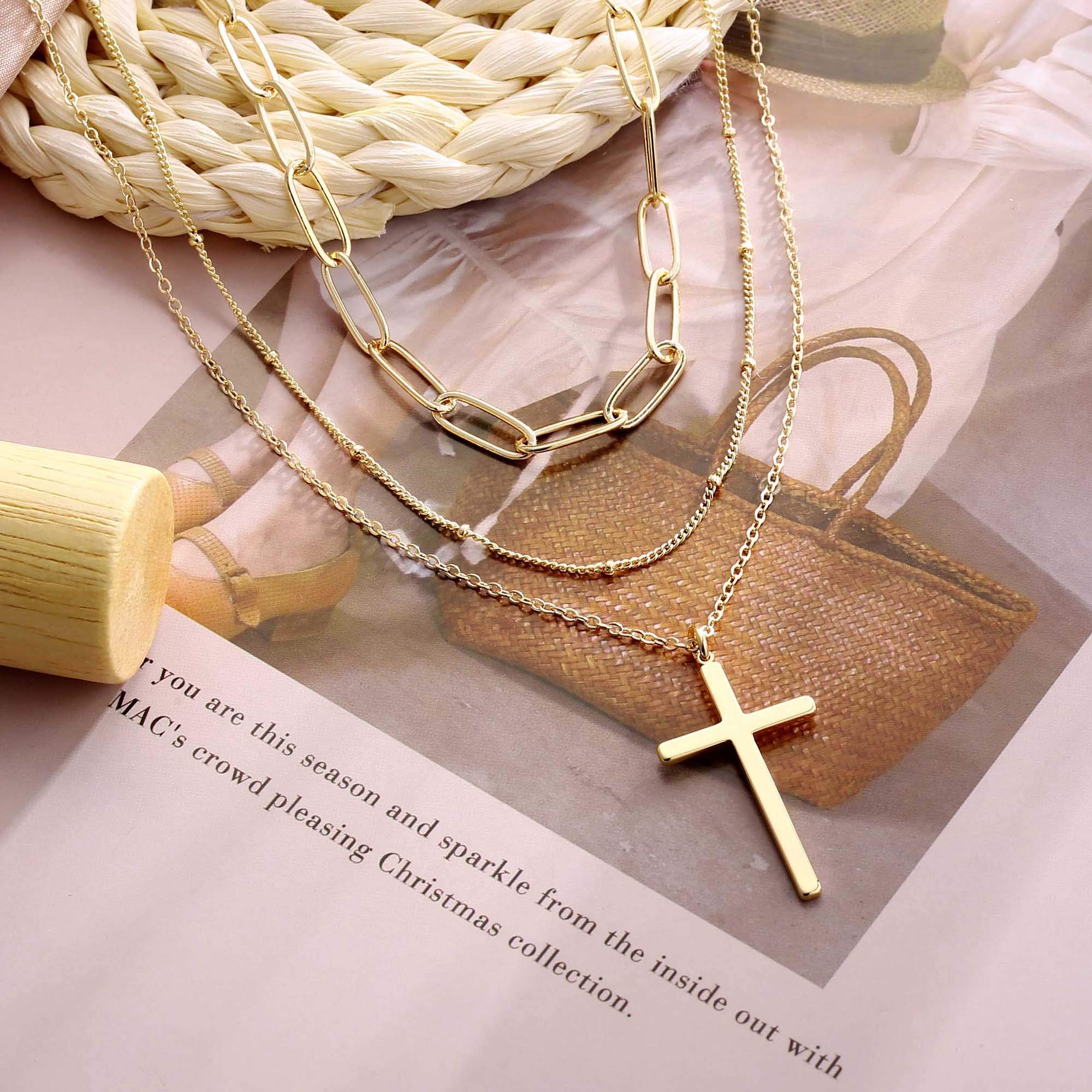 3PCS Link Chain&Beads Chain&Cross Dainty Layered Choker Necklace