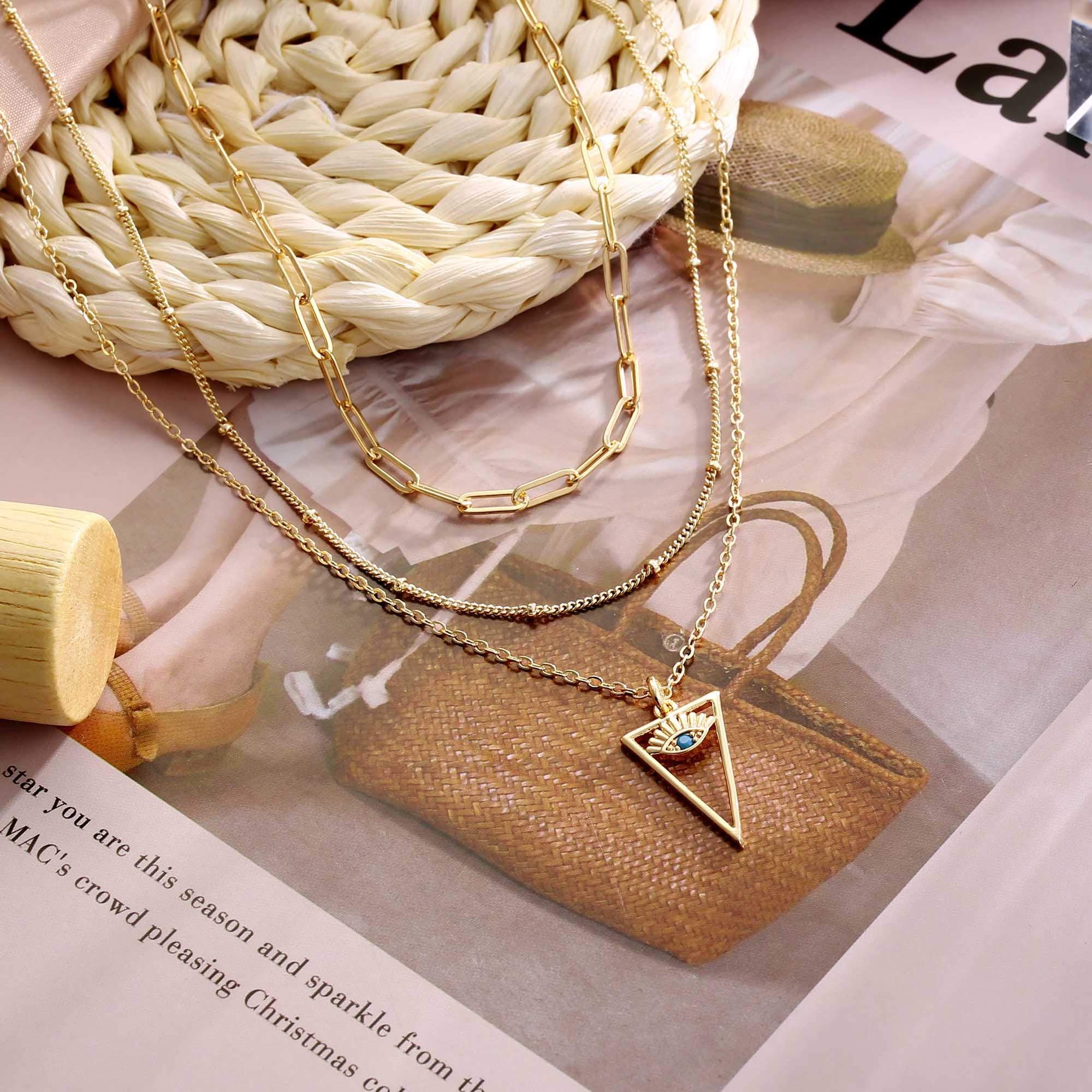 3PCS Link Chain&Beads Chain&Evil Eye Dainty Layered Choker Necklace