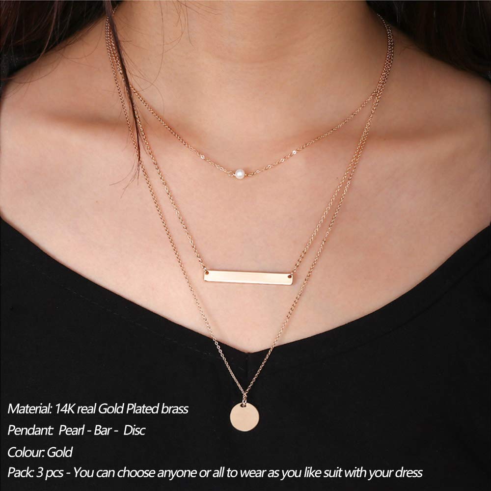 3PCS Pearl&Bar&Disc Dainty Layered Choker Necklace