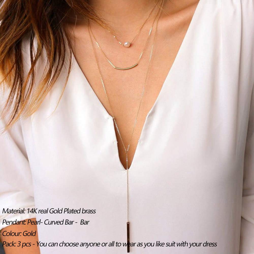 3PCS Pearl&Curved Bar&Bar Dainty Layered Choker Necklace