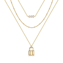3PCS Pearls&Beads Chain&Lock Dainty Layered Choker Necklace