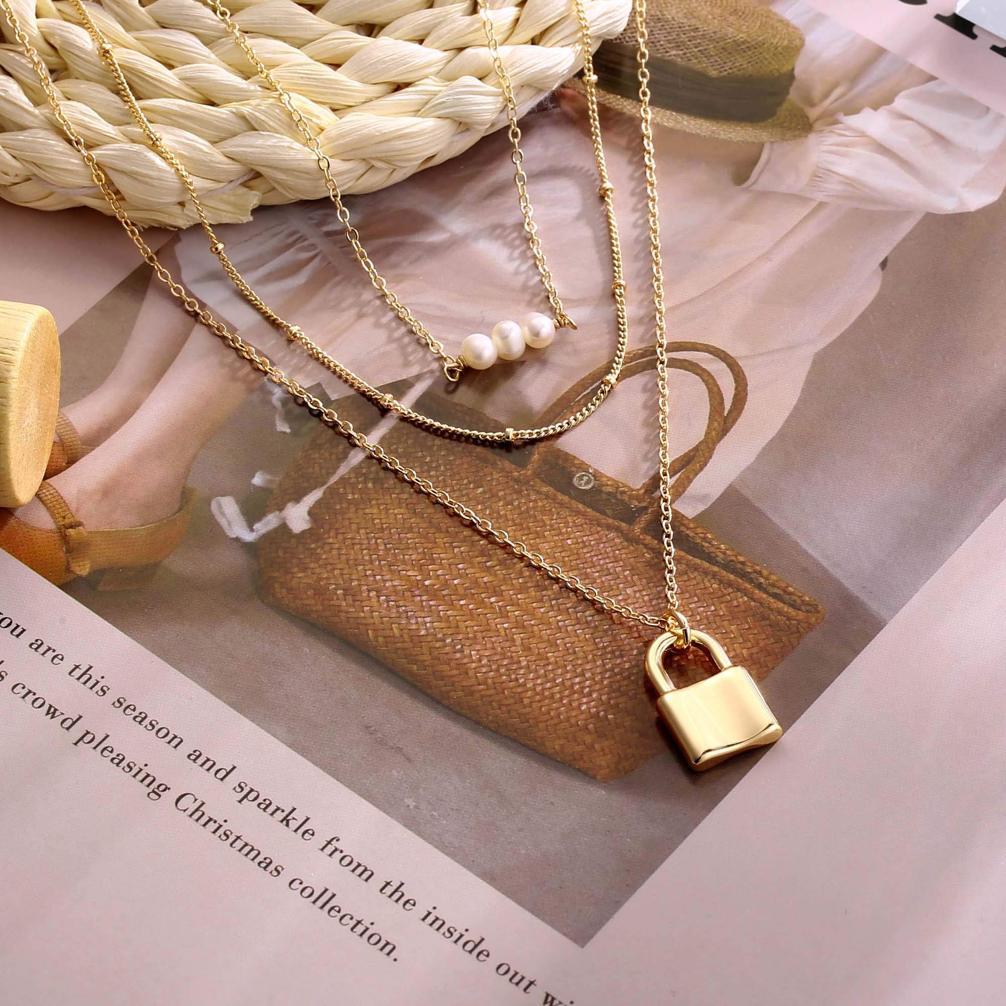 3PCS Pearls&Beads Chain&Lock Dainty Layered Choker Necklace