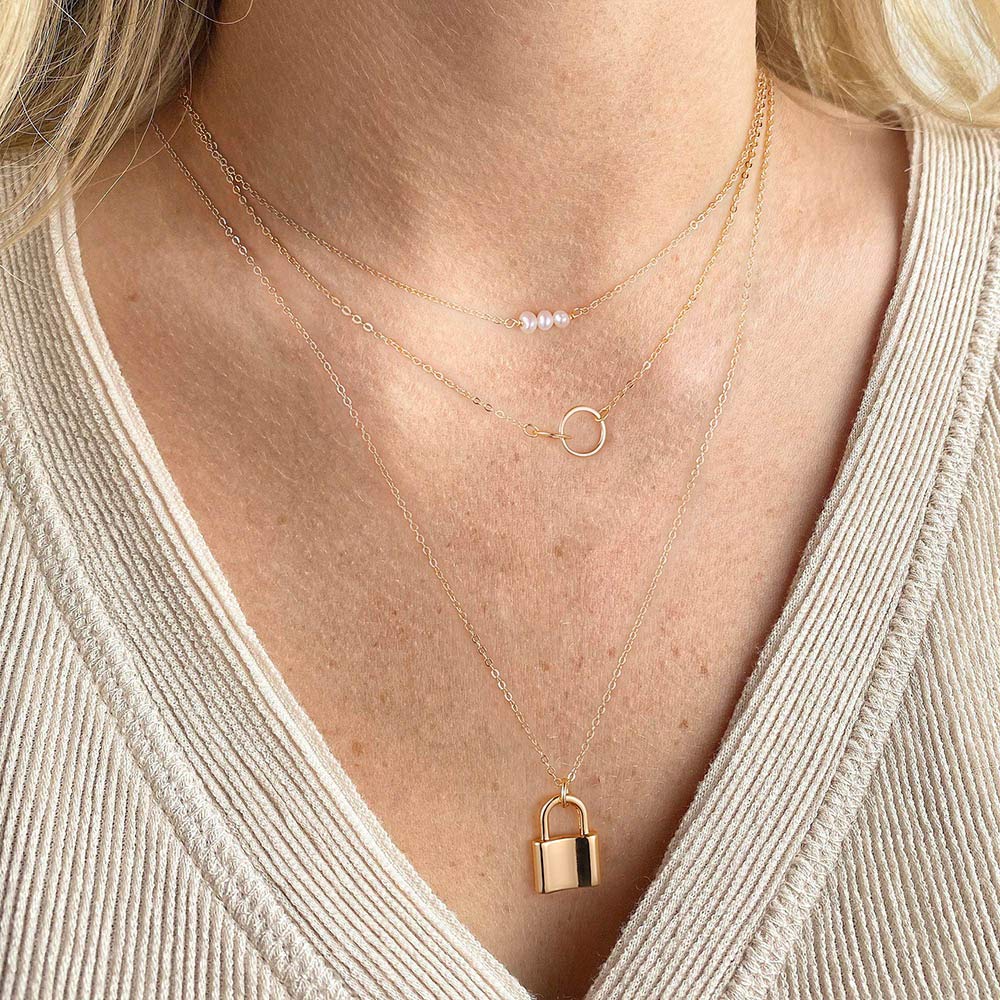 3PCS - Pearls&Two Circle&Lock Layered Necklaces for Women