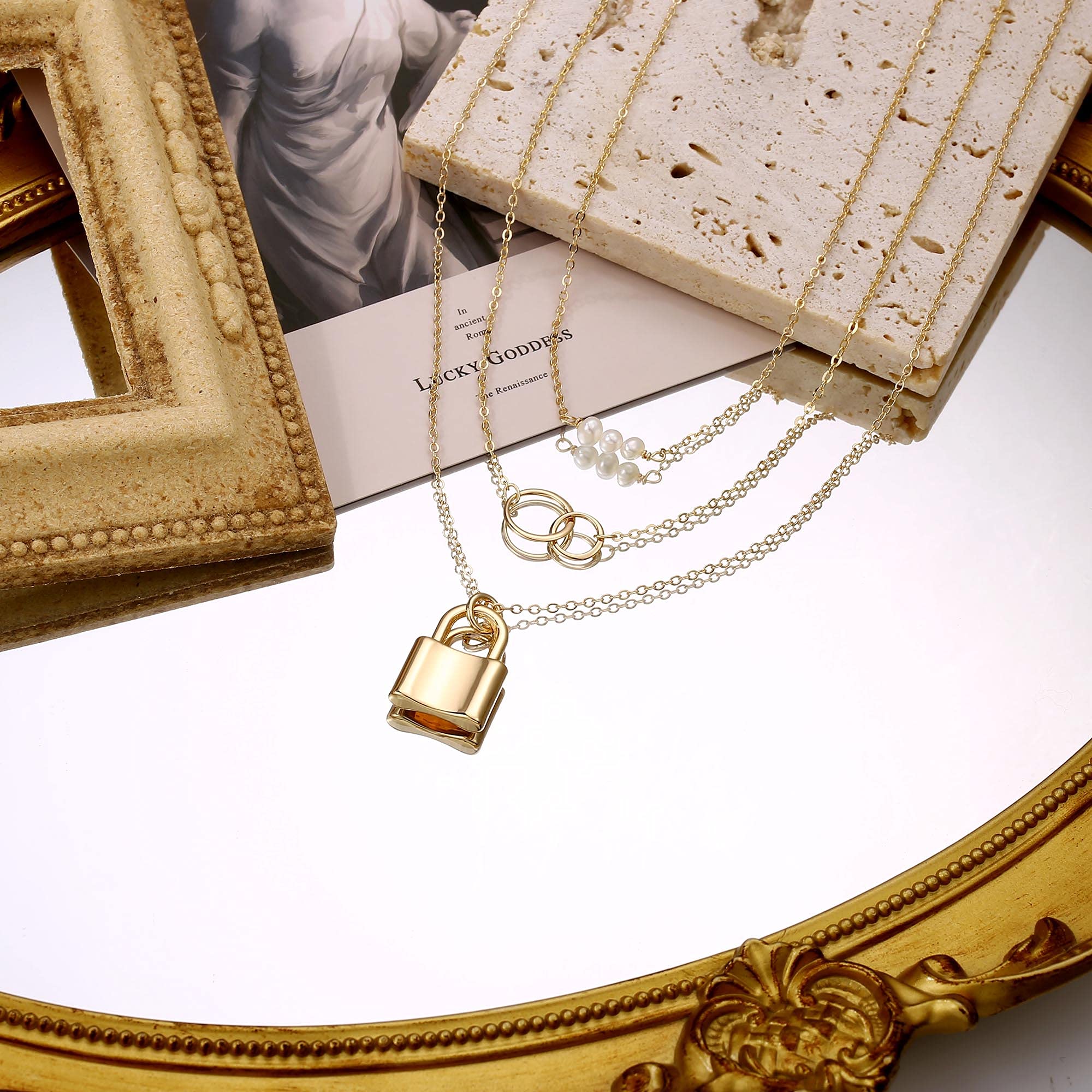 3PCS - Pearls&Two Circle&Lock Layered Necklaces for Women