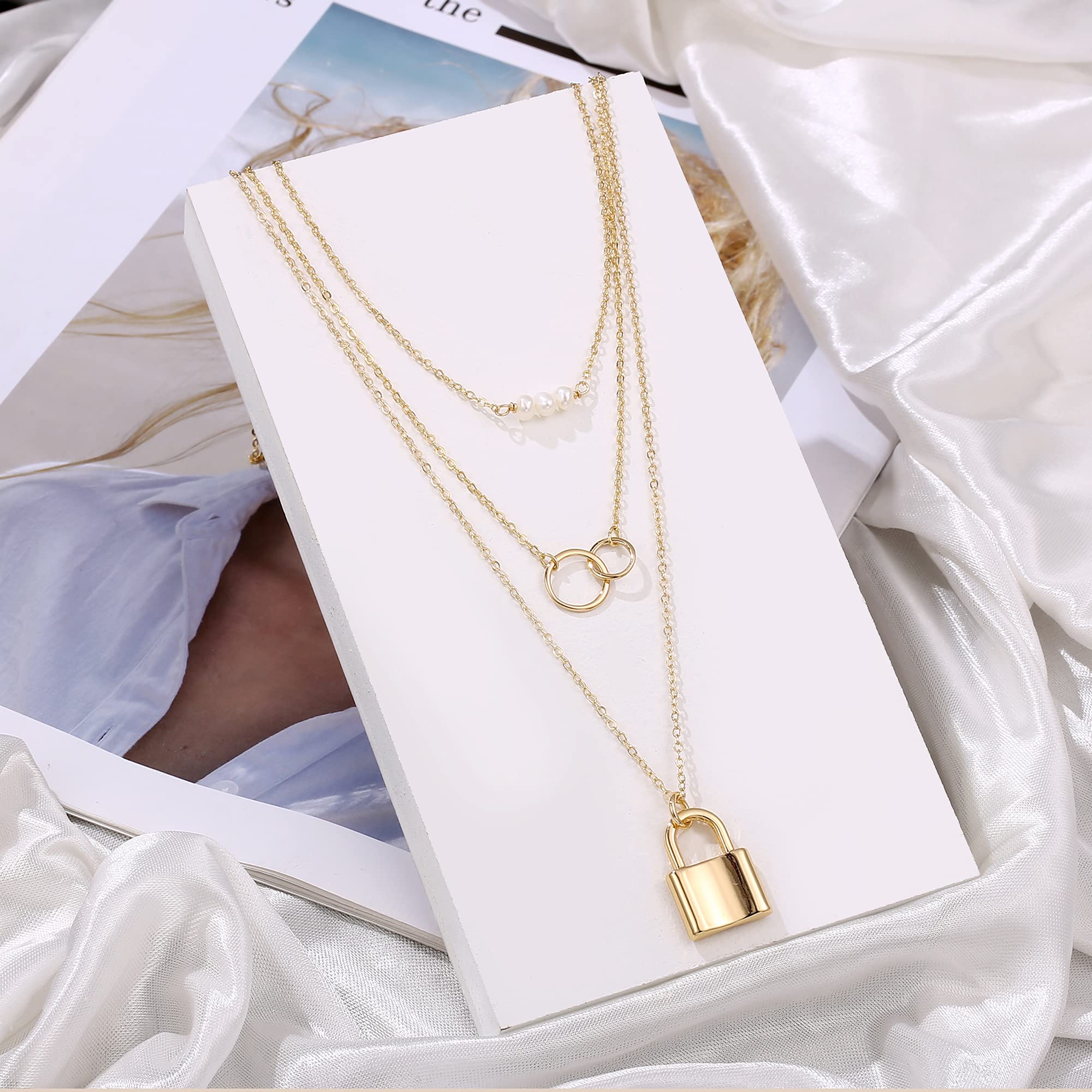 3PCS - Pearls&Two Circle&Lock Layered Necklaces for Women