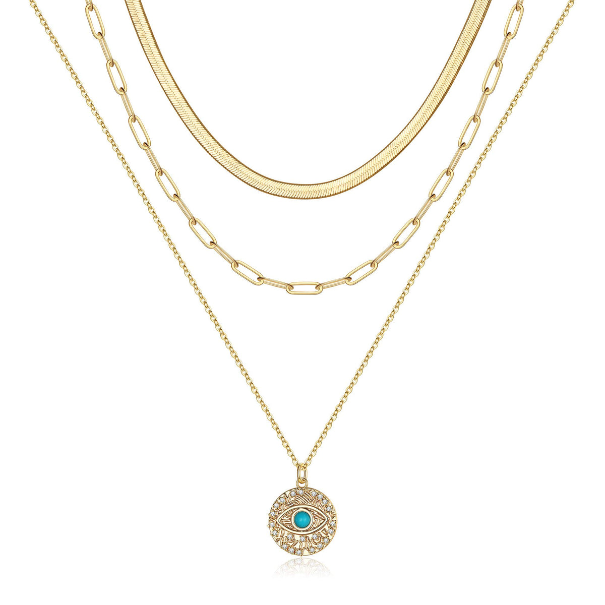 3PCS Snake Chain&Link Chain&Evil Eye Dainty Layered Choker Necklace