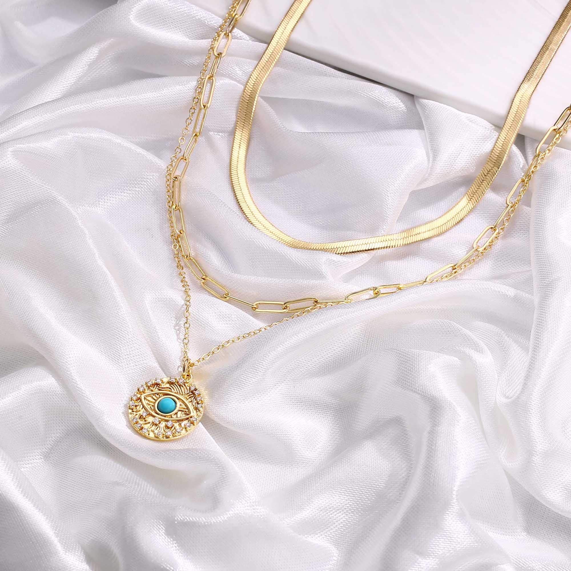 3PCS Snake Chain&Link Chain&Evil Eye Dainty Layered Choker Necklace