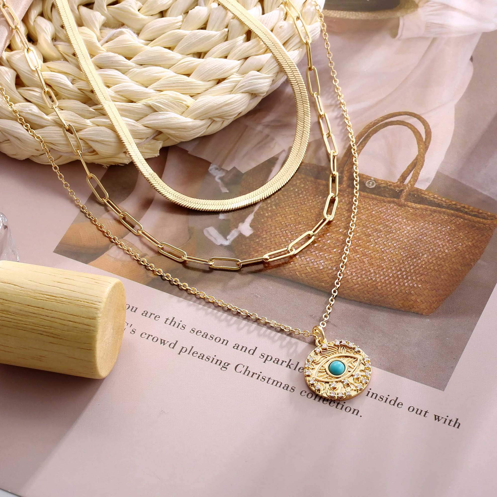 3PCS Snake Chain&Link Chain&Evil Eye Dainty Layered Choker Necklace