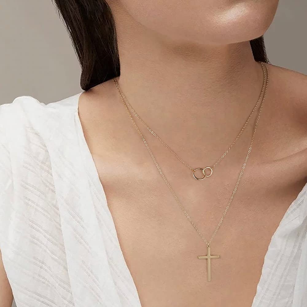 3PCS - Two Circle&Bar&Cross Layered Necklaces for Women