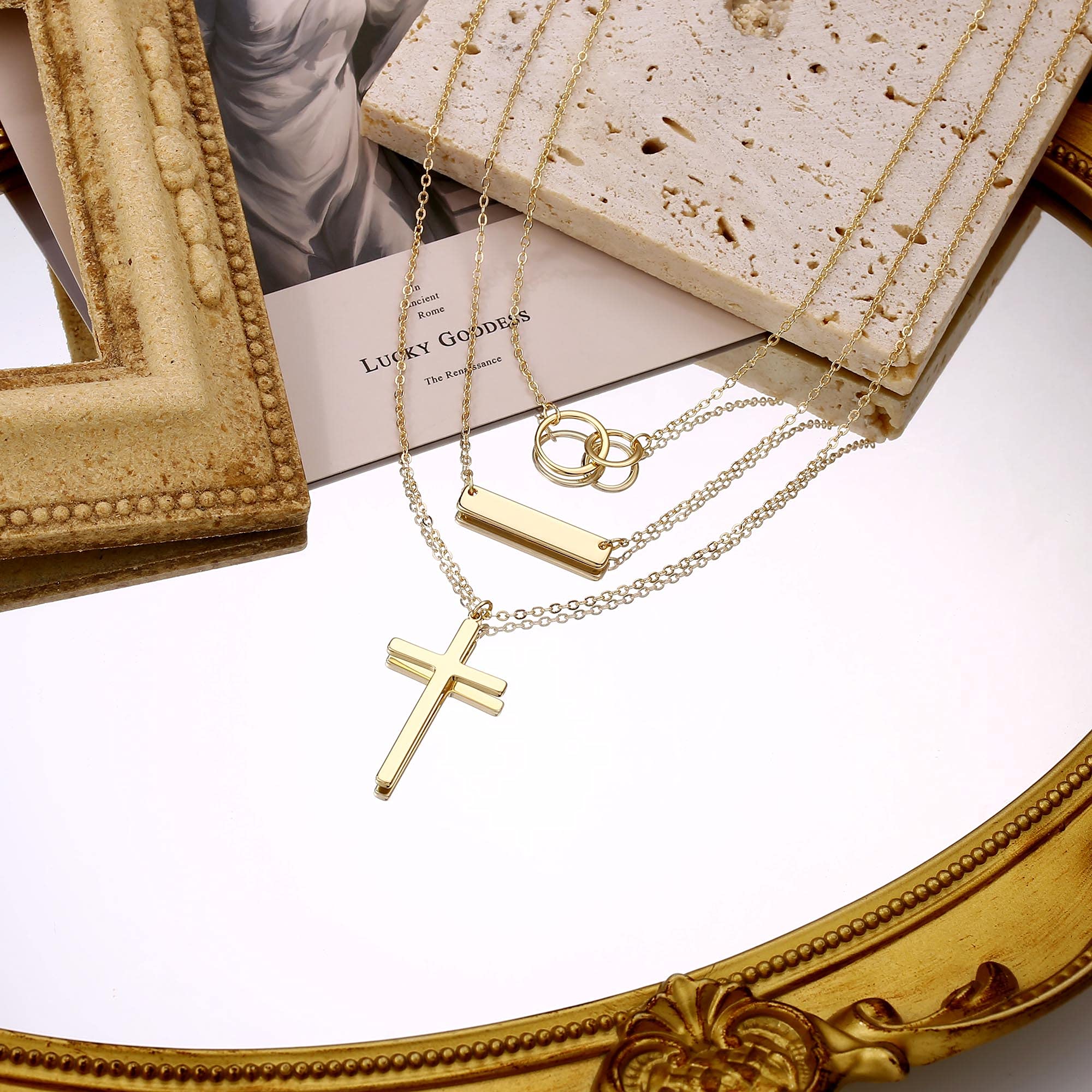 3PCS - Two Circle&Bar&Cross Layered Necklaces for Women
