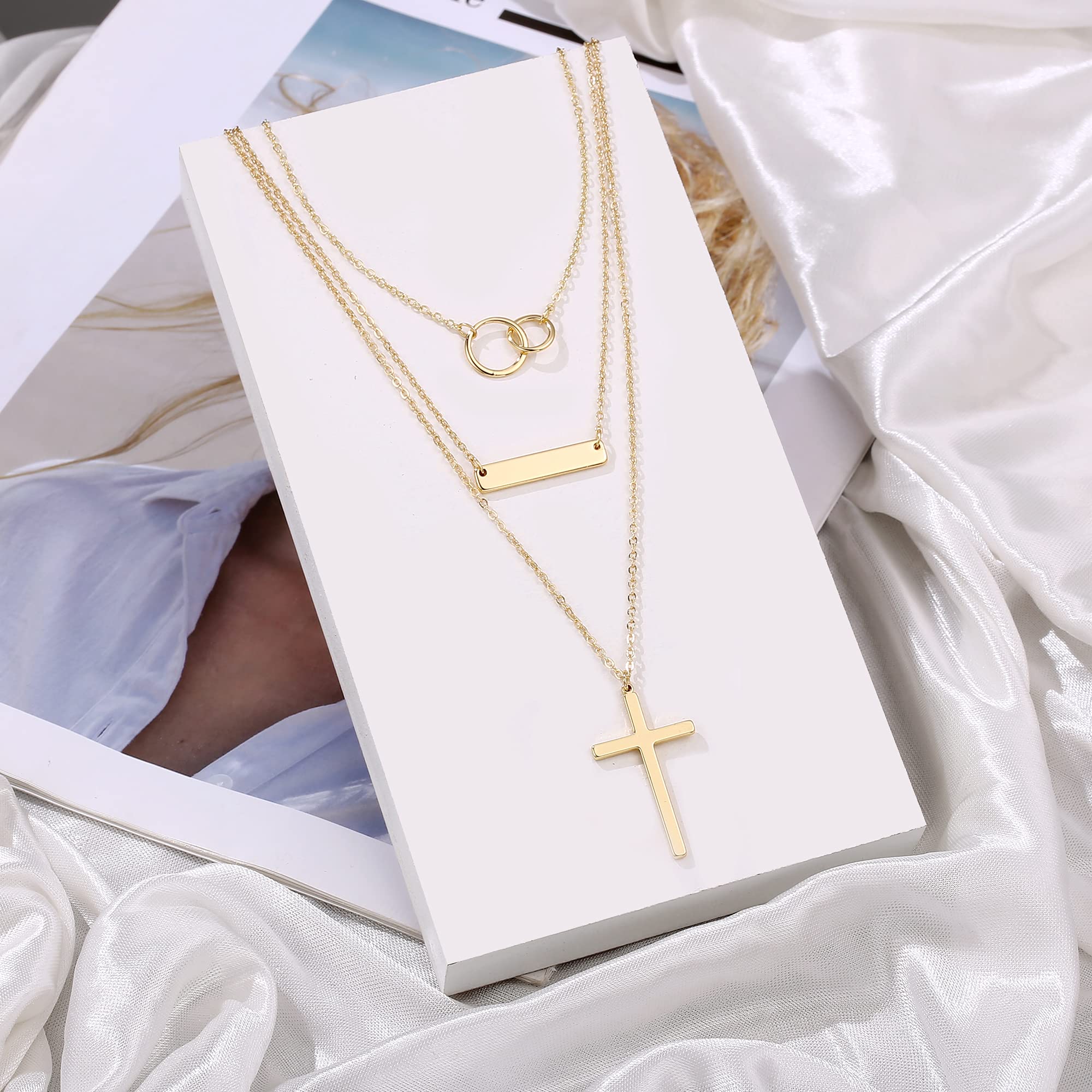 3PCS - Two Circle&Bar&Cross Layered Necklaces for Women