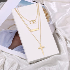 3PCS - Two Circle&Bar&Cross Layered Necklaces for Women