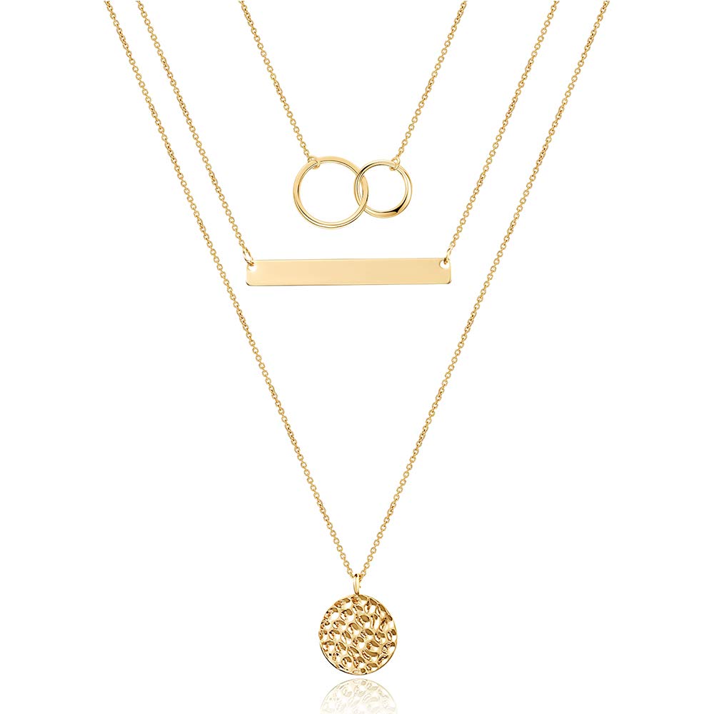 3PCS Two Circles&Bar&Hammered Disc Dainty Layered Choker Necklace