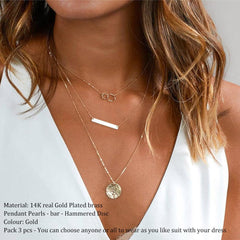 3PCS Two Circles&Bar&Hammered Disc Dainty Layered Choker Necklace