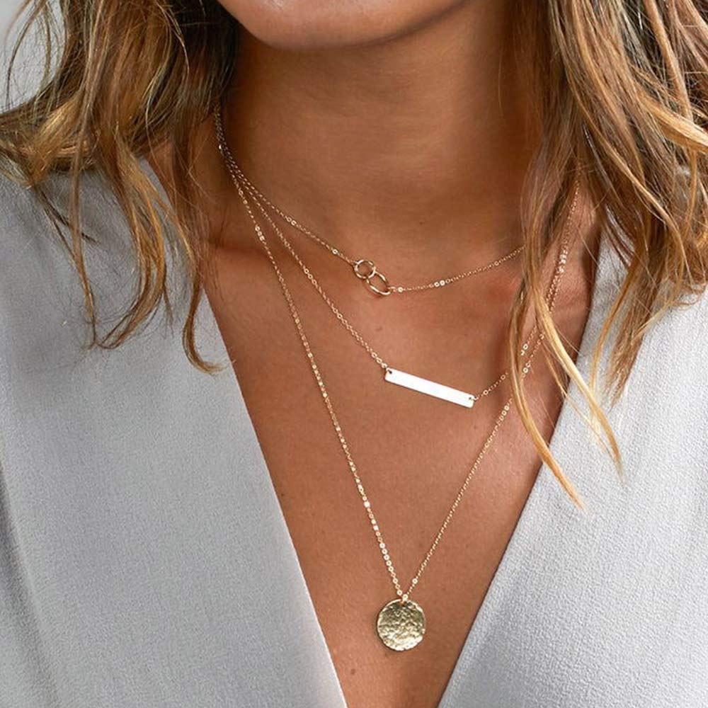 3PCS Two Circles&Bar&Hammered Disc Dainty Layered Choker Necklace
