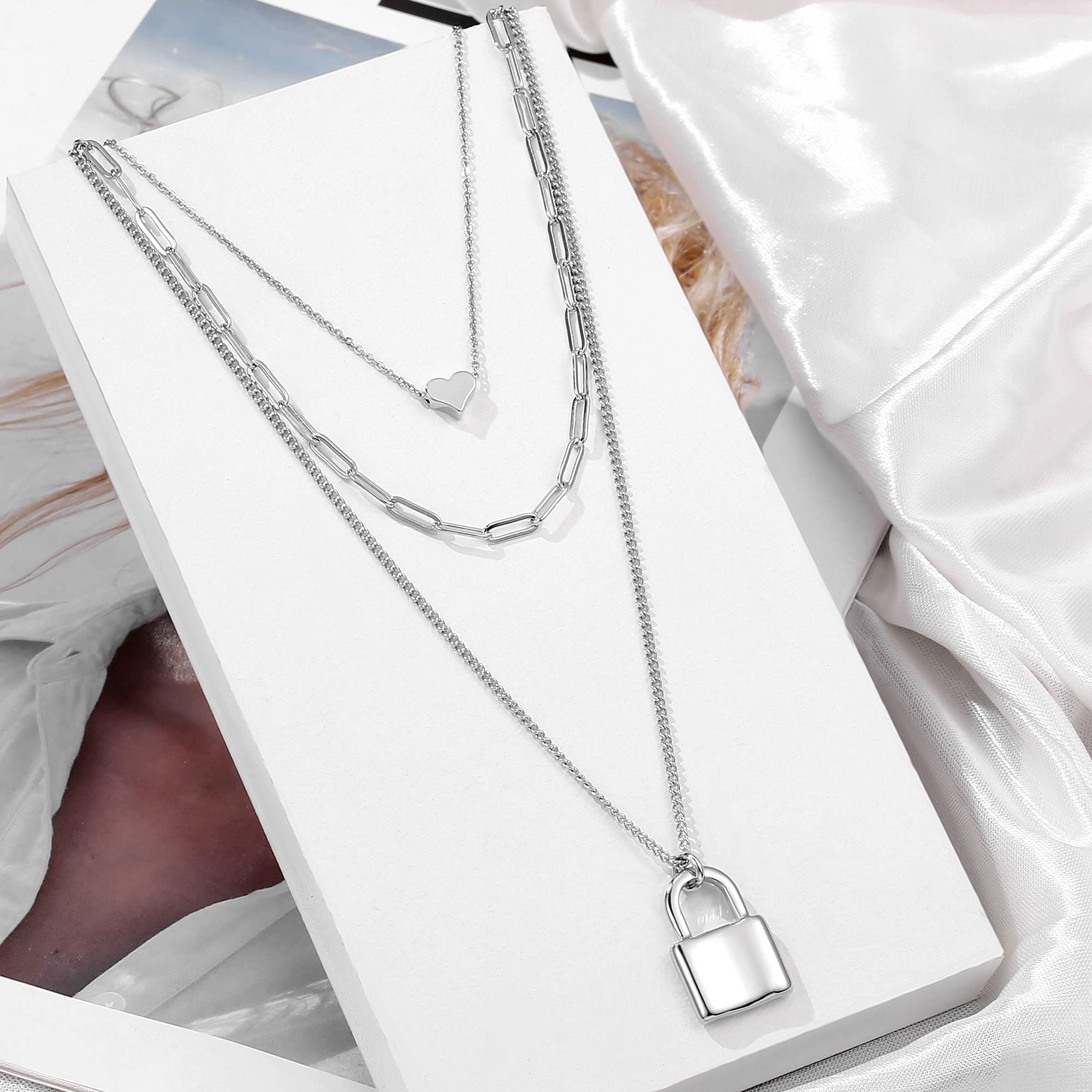 3PCS Heart&Link Chain&Lock Dainty Layered Choker Necklace