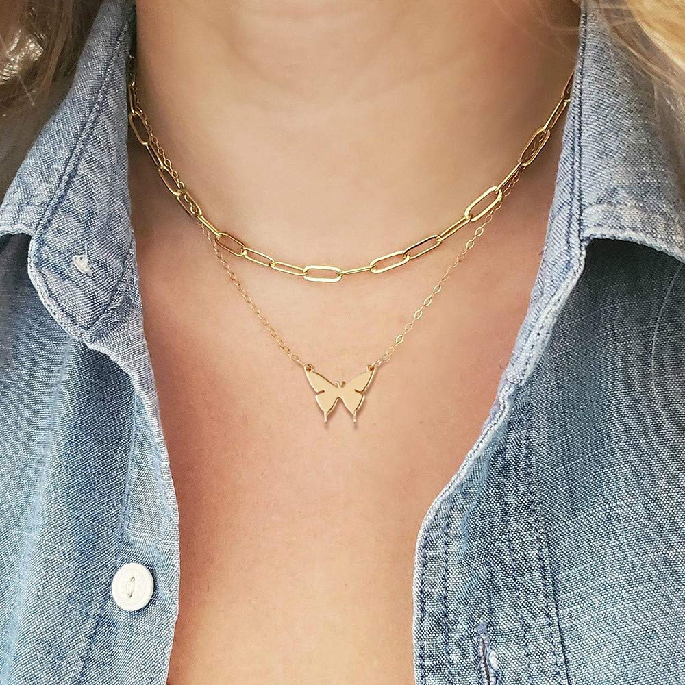 3PCS Link Chain&Beads Chain&Butterfly Dainty Layered Choker Necklace