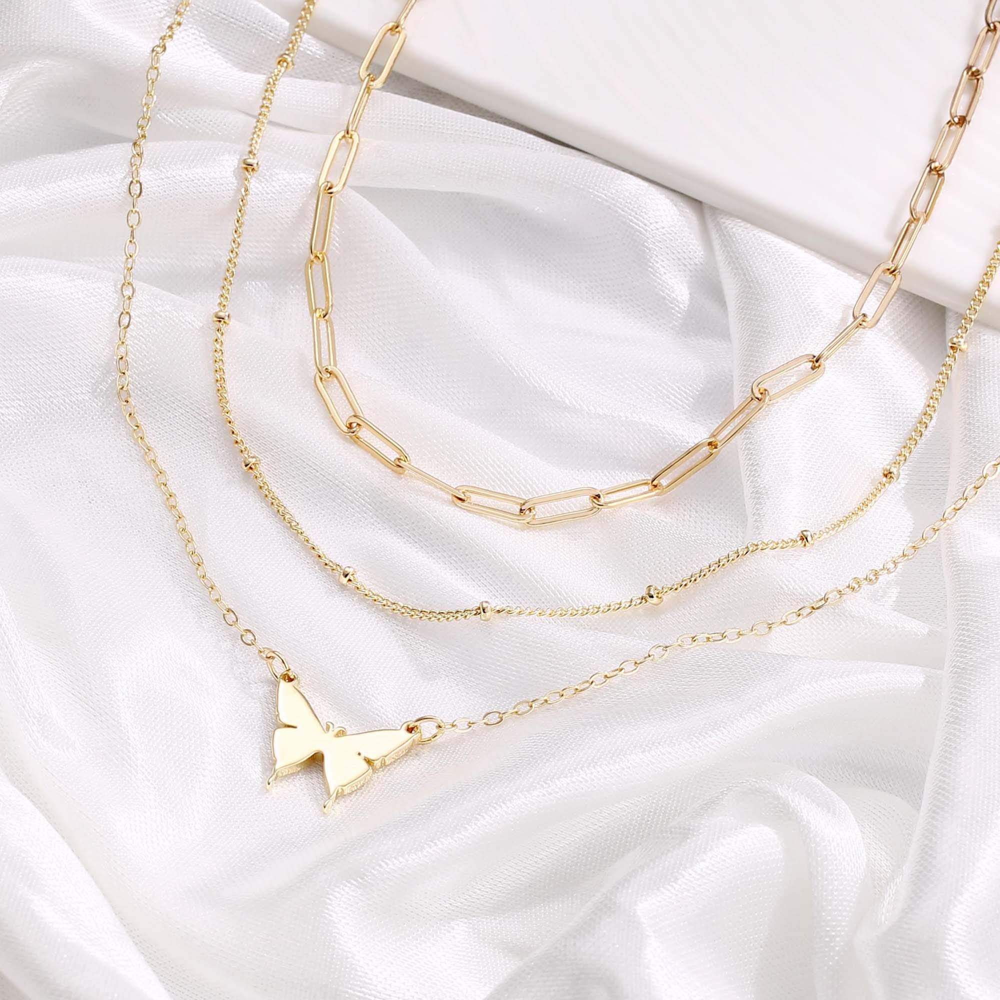3PCS Link Chain&Beads Chain&Butterfly Dainty Layered Choker Necklace