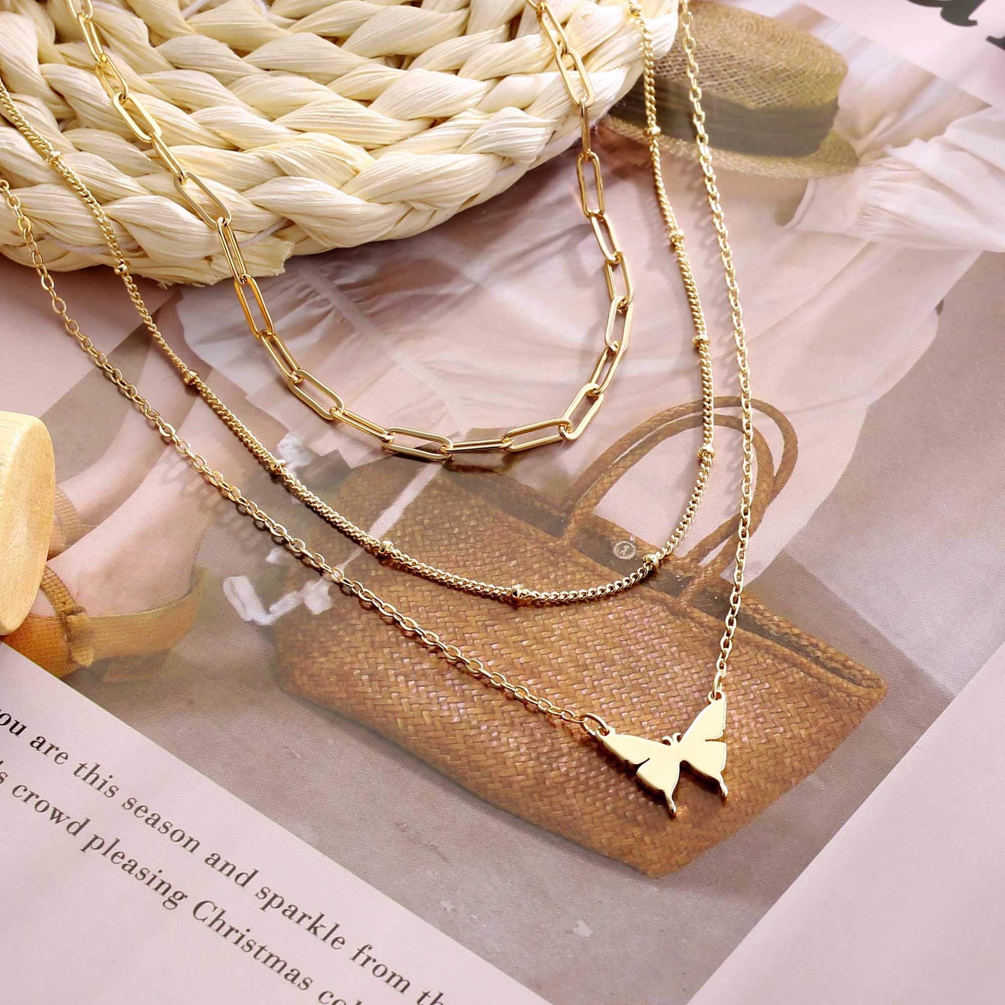 3PCS Link Chain&Beads Chain&Butterfly Dainty Layered Choker Necklace