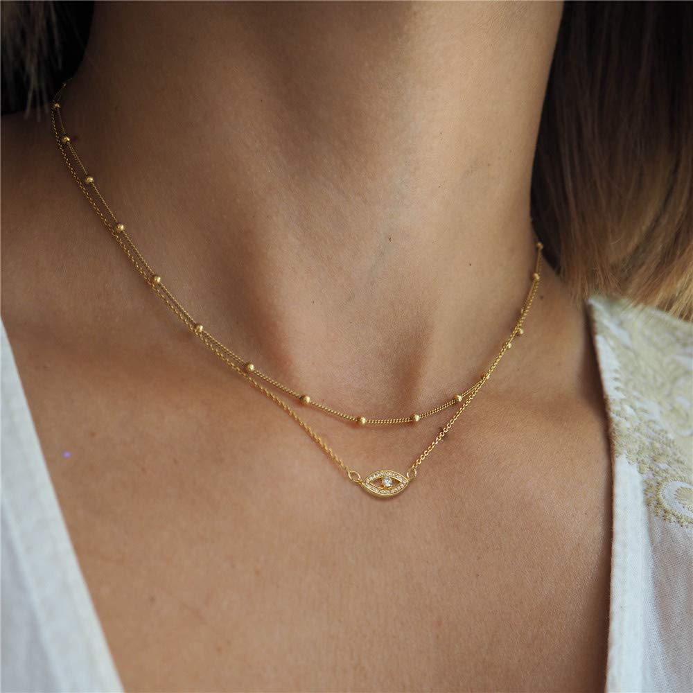 3PCS Link Chain&Beads Chain&CZ Evil EyeDainty Layered Choker Necklace