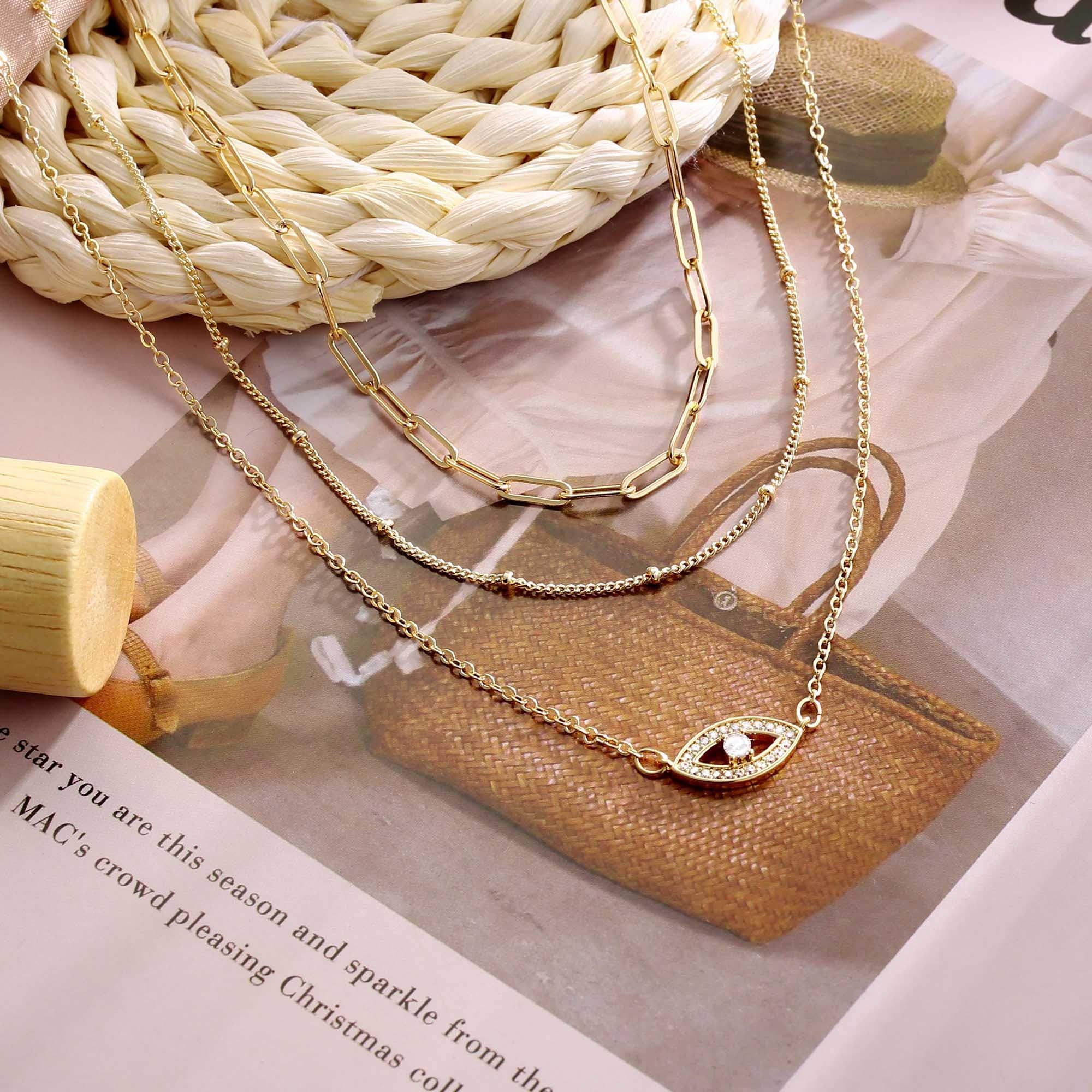 3PCS Link Chain&Beads Chain&CZ Evil EyeDainty Layered Choker Necklace