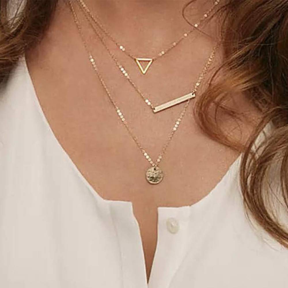 3PCS Triangle&Bar&Hammered Disc Dainty Layered Choker Necklace