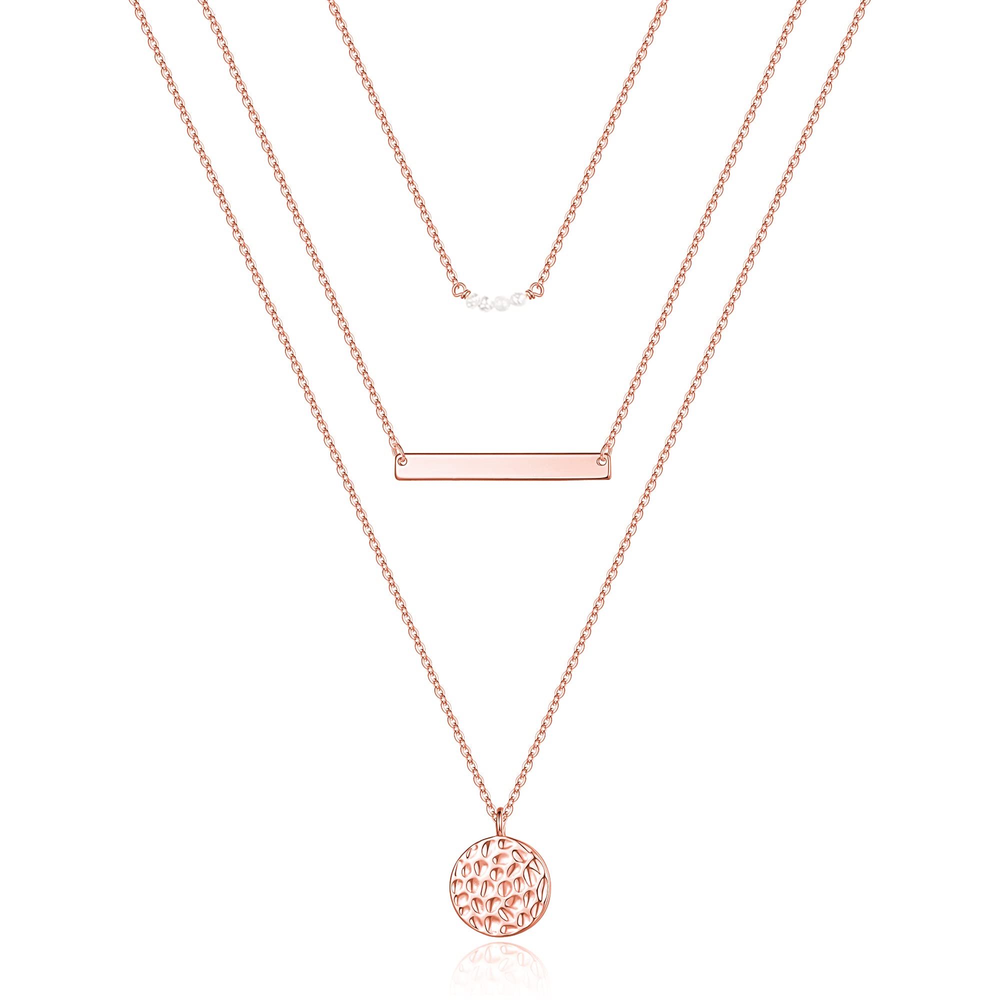 3PCS Pearls&Bar&Hammered Disc Dainty Layered Choker Necklace