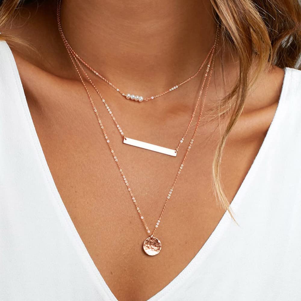 3PCS Pearls&Bar&Hammered Disc Dainty Layered Choker Necklace