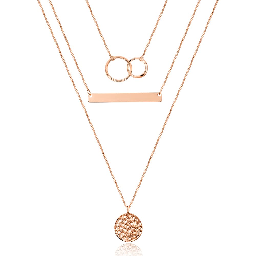 3PCS Two Circles&Bar&Hammered Disc Dainty Layered Choker Necklace