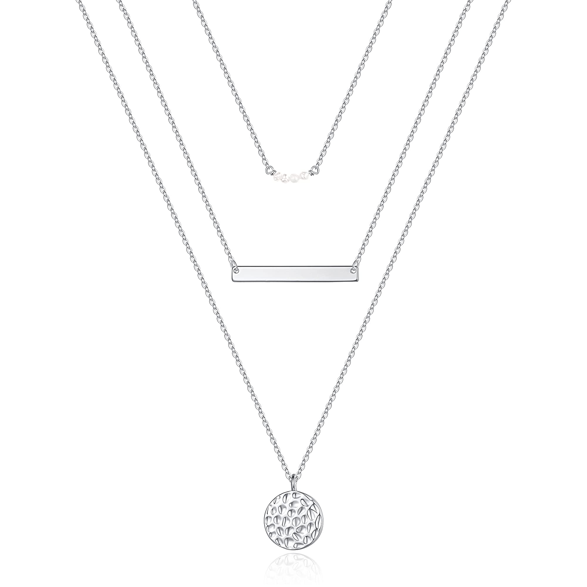 3PCS Pearls&Bar&Hammered Disc Dainty Layered Choker Necklace