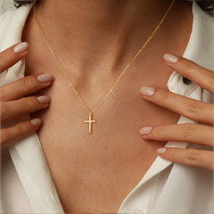 Turandoss Dainty Gold Cross Necklace for Women Girls - Personalized 18K Gold Plated Simple Pendant Necklace, Gold Jewelry for Women Trendy, 16+2.5In