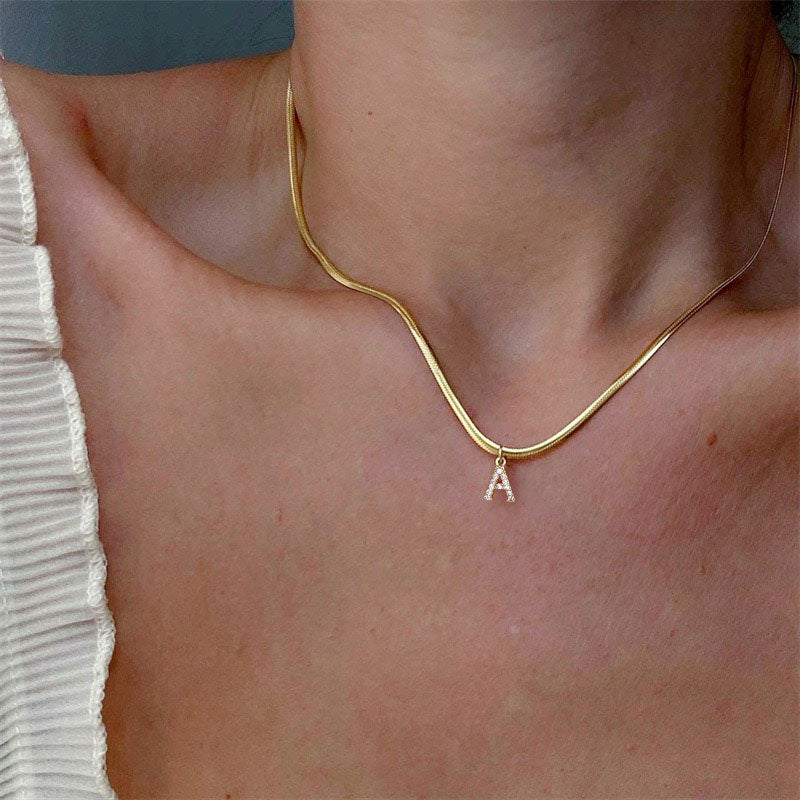 Snake Necklace Tiny Diamond Letter Initial Pendant Necklace