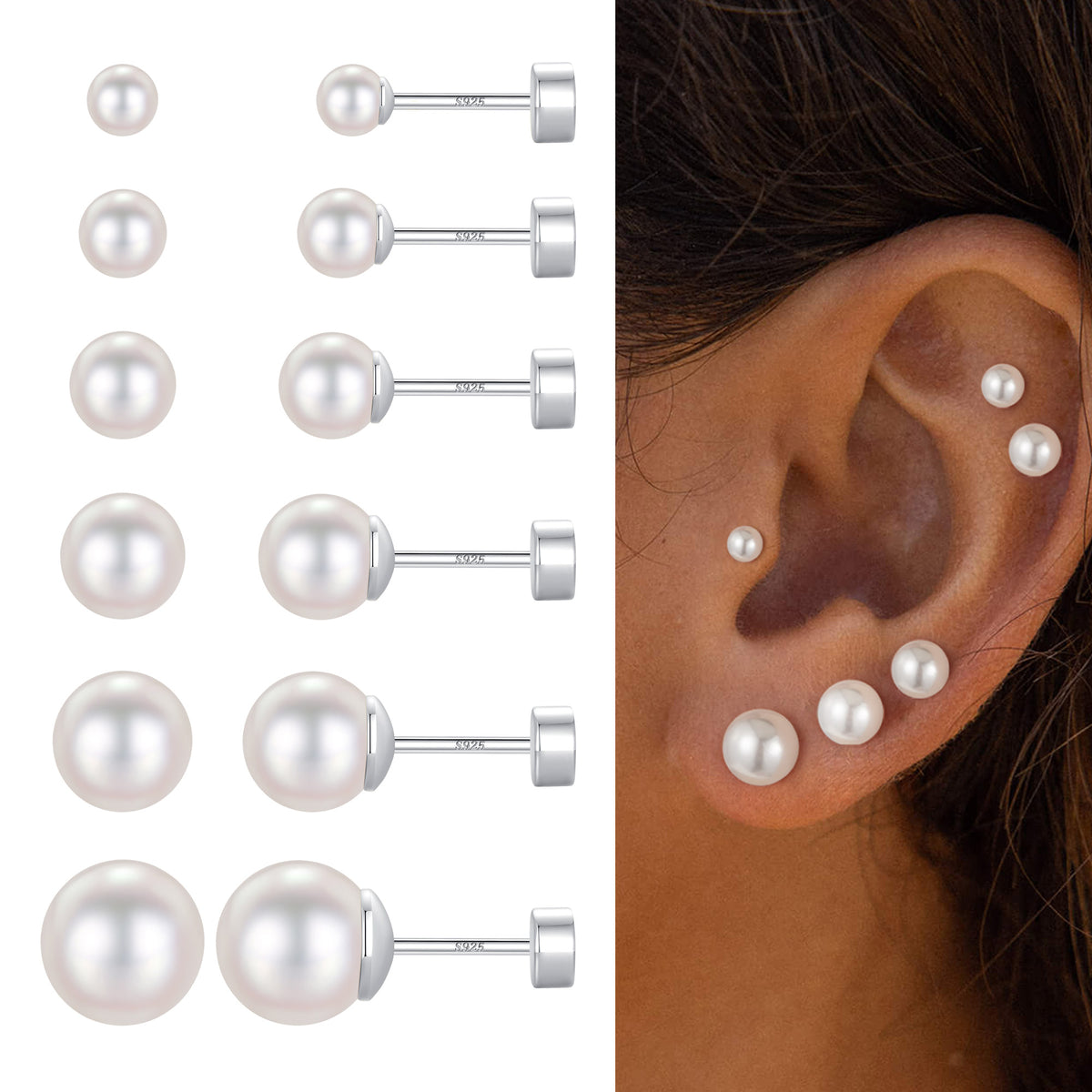 Turandoss 6Pairs Gold Silver Pearl Flat Back Stud Earrings for Women Men - S925 Sterling Silver Post Hypoallergeni Cartilage Earring, Christmas Gifts