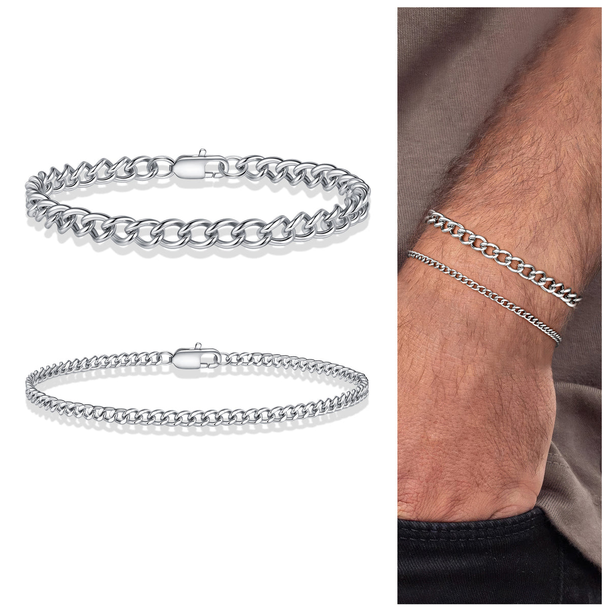 Turandoss Silver Bracelet for Men Boys - Stainless Steel Bracelet Stack, Minimalist Rope Link Chain Bracelets Set, Jewelry Gifts for Men, 7.5In