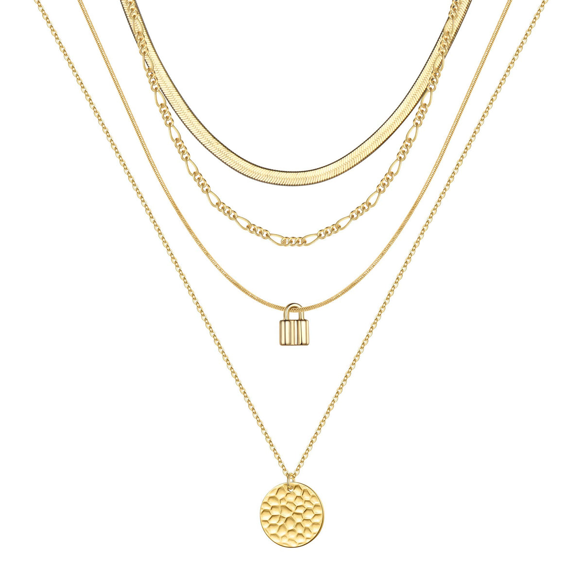 4 Layered Necklace - Sanke Chain&Chain&Lock&Hammered Disc Layered Necklaces for Women