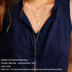 4PCS Bead&Bar&Hammered Disc&Rod Dainty Layered Choker Necklace