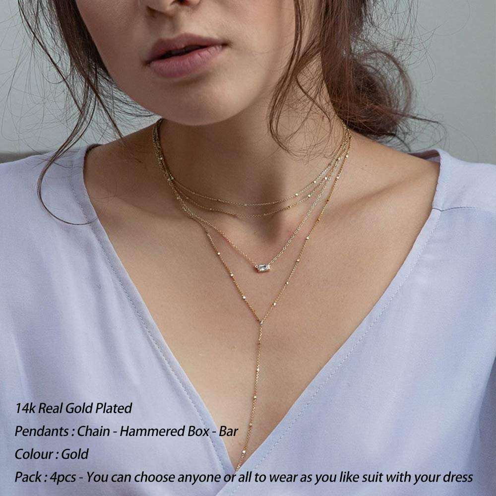 4PCS - Chain&Chain&Hammered Box&Bar Layered Necklaces for Women