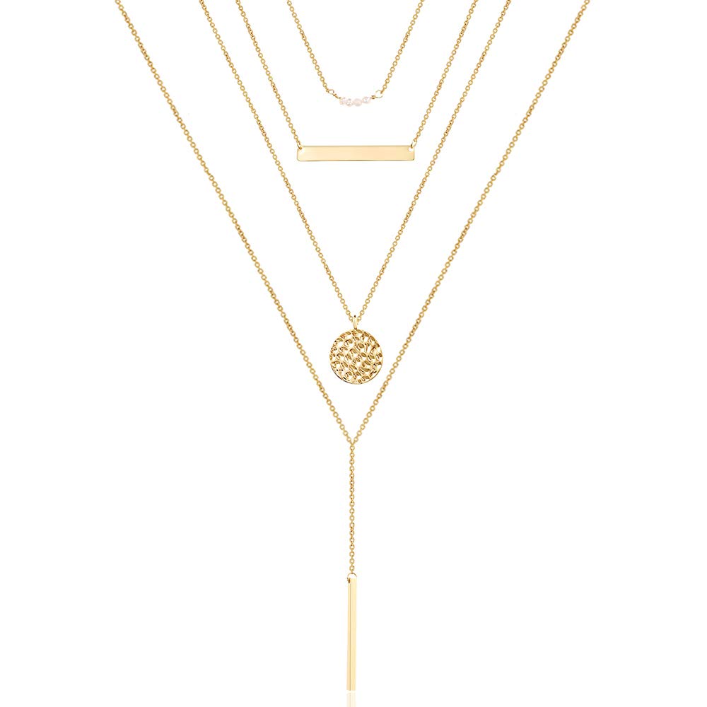 4PCS Pearls&Bar& Hammered Disc&Long Bar Dainty Layered Choker Necklace