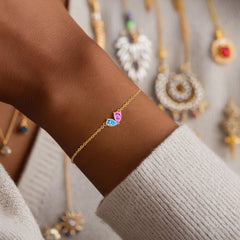 Turandoss 18K Gold Heart Bracelets for Women Girls - Dainty Double Pear Birthstone Bracelet, Zircon Link Chain Bracelet, Christmas Gifts, 6+2.5Inches