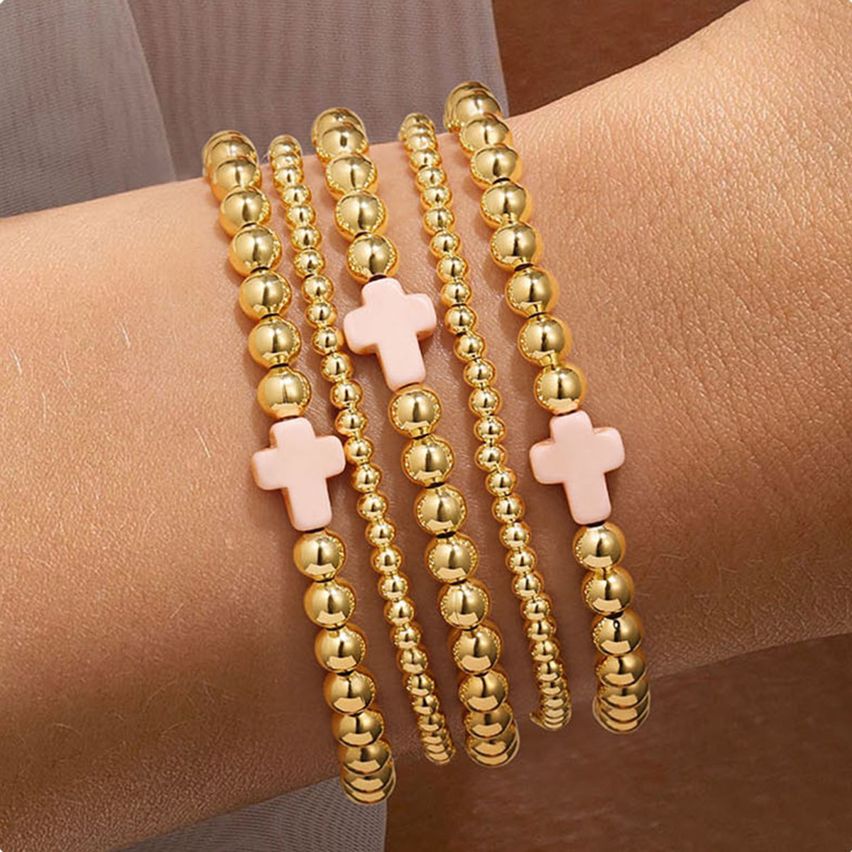 Turandoss 5PCS Gold Beaded Bracelets for Women Girls - Dainty 18K Gold Plated Bead Pearl Bracelet, Womens Bracelet Stack, Christmas Gifts for Girls