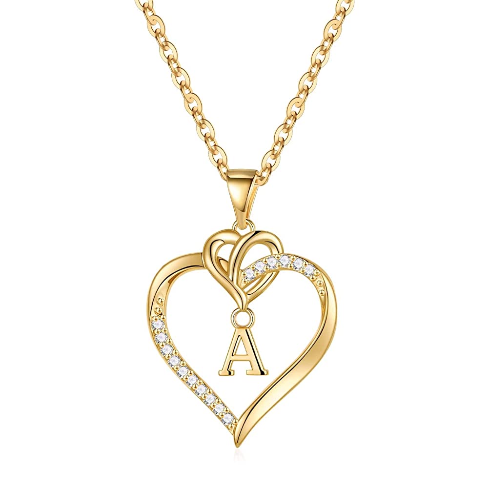 Turandoss 18K Gold Heart Initial Necklace for Women Girls, Dainty Zircon Pendant Necklace, Birthday Gifts for Women Girls, Gold Jewelry, 18+2.5In