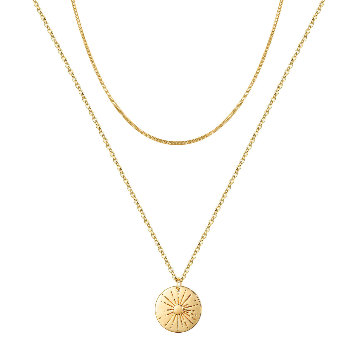 Turandoss 18K Gold Sun Layered Necklaces for Women - Pendant Necklace with Snake Choker, Gold Jewelry for Women, Christmas Gifts, 16+2/18+2Inches