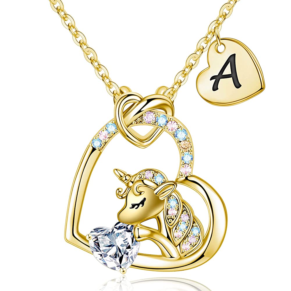 Turandoss Gold Heart Unicorn Necklace for Girls - Initial Zircon Pendant Necklace for Kids 4 -13 Year Old, Unicorn Birthday Gifts for Girls, 18+2.5In