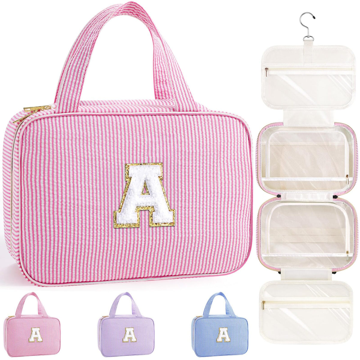Turandoss Initial Toiletry Makeup Bag for Women Girls, Cosmetic Bags, Travel Hanging Essentials, Personalized Birthday Gifts for Women Teen Girl
