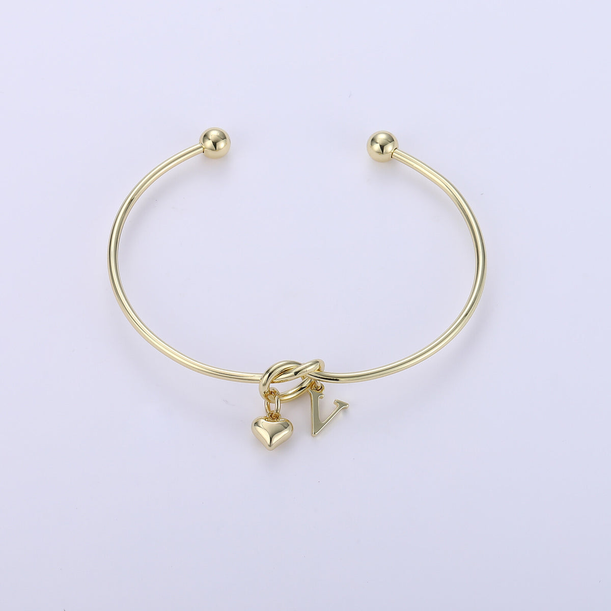 WISHSTAR Dainty Gold Open Initial Bangle Bracelet For Women Girls, Heart Charm, Adjustable Heart Charm Bracelet, Personalized Birthday Gift for Women