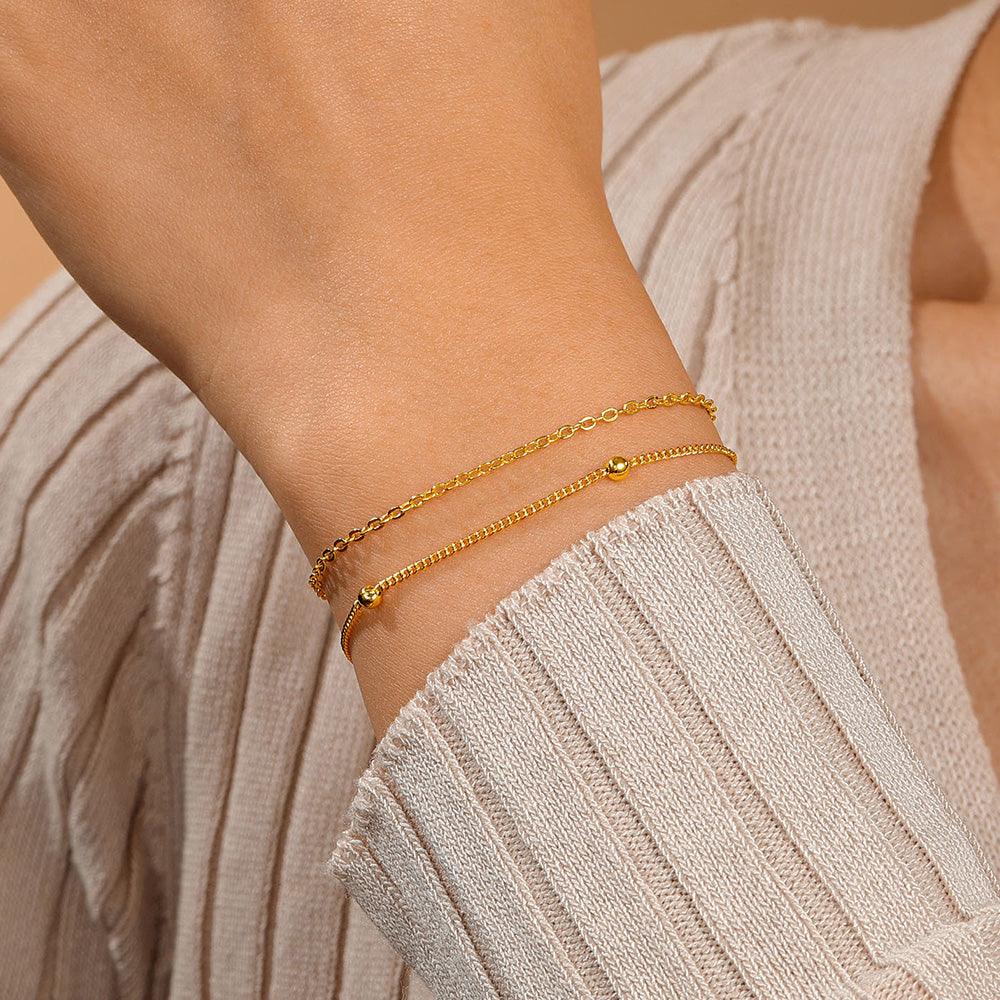 Turandoss 2PCS Dainty Layered Chain Bracelets for Women Girls, 18K Gold Cute Stack Satellite Beaded Bracelet Hypoallergenic, Jewelry Gifts for Women