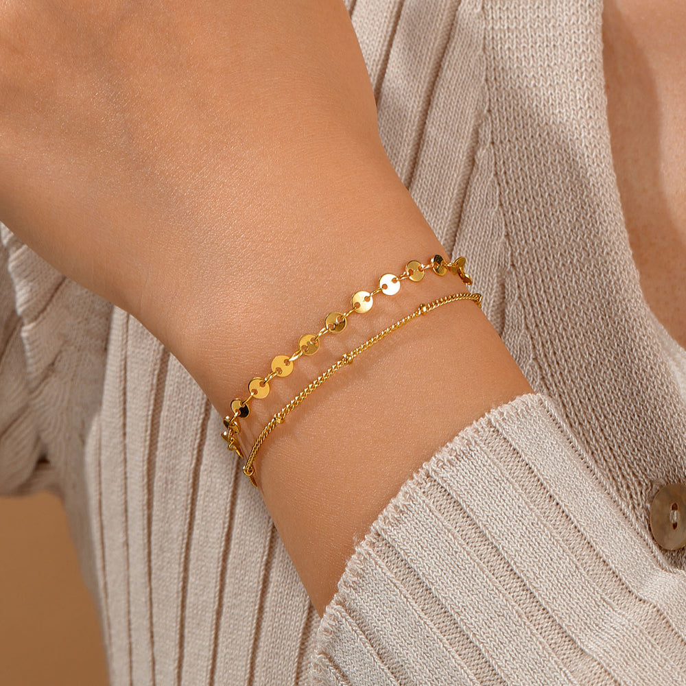 Turandoss 2PCS Dainty Layered Bracelets for Women Girls, 18K Gold Plated Cute Stack Coin Chain Link Bracelet Hypoallergenic, Jewelry Gifts for Women
