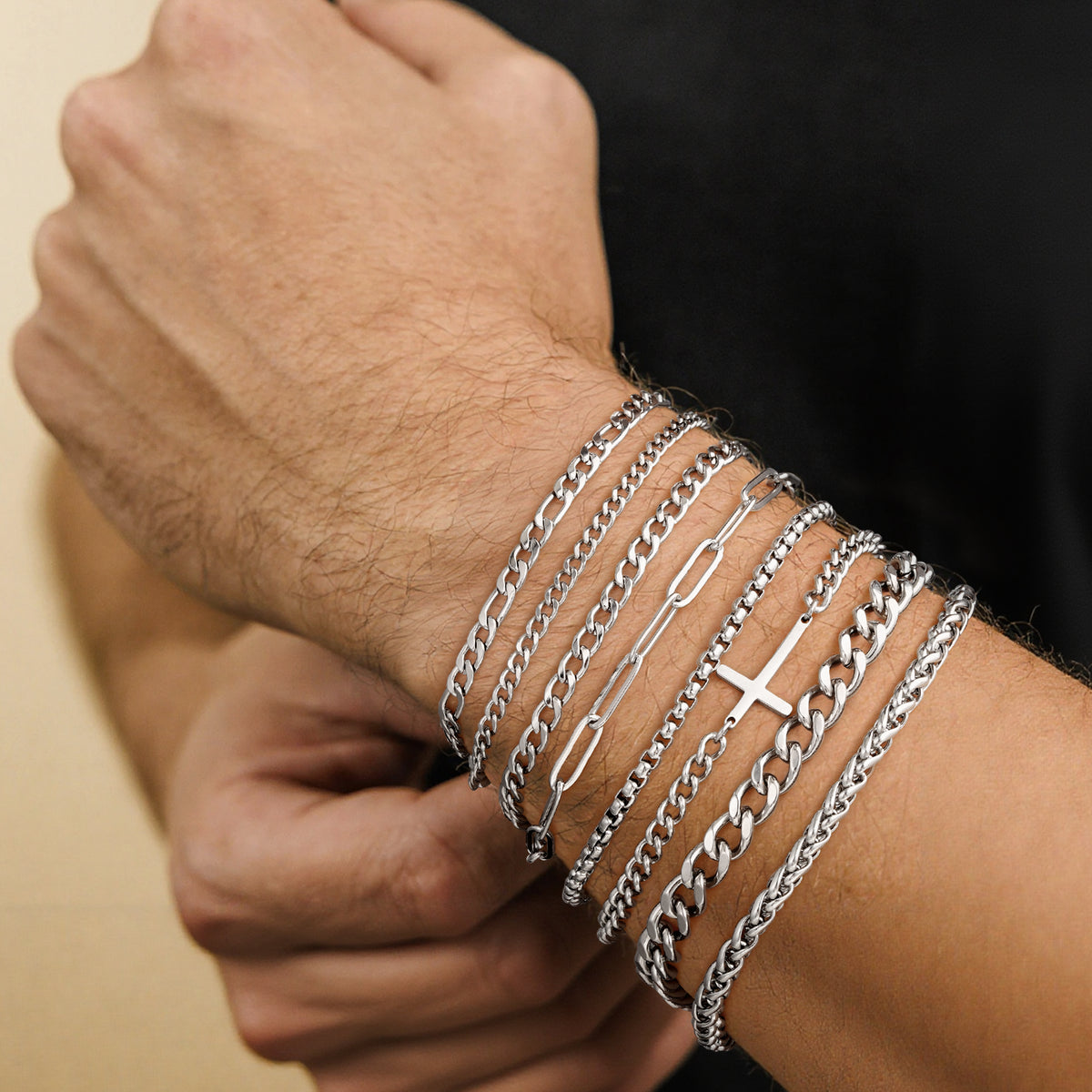 Turandoss 8PCS Silver Cross Cuban Chains Bracelets for Men Boys - Stainless Steel Figaro Paperclip Link Bracelet Stackable, Jewelry Gifts for Men